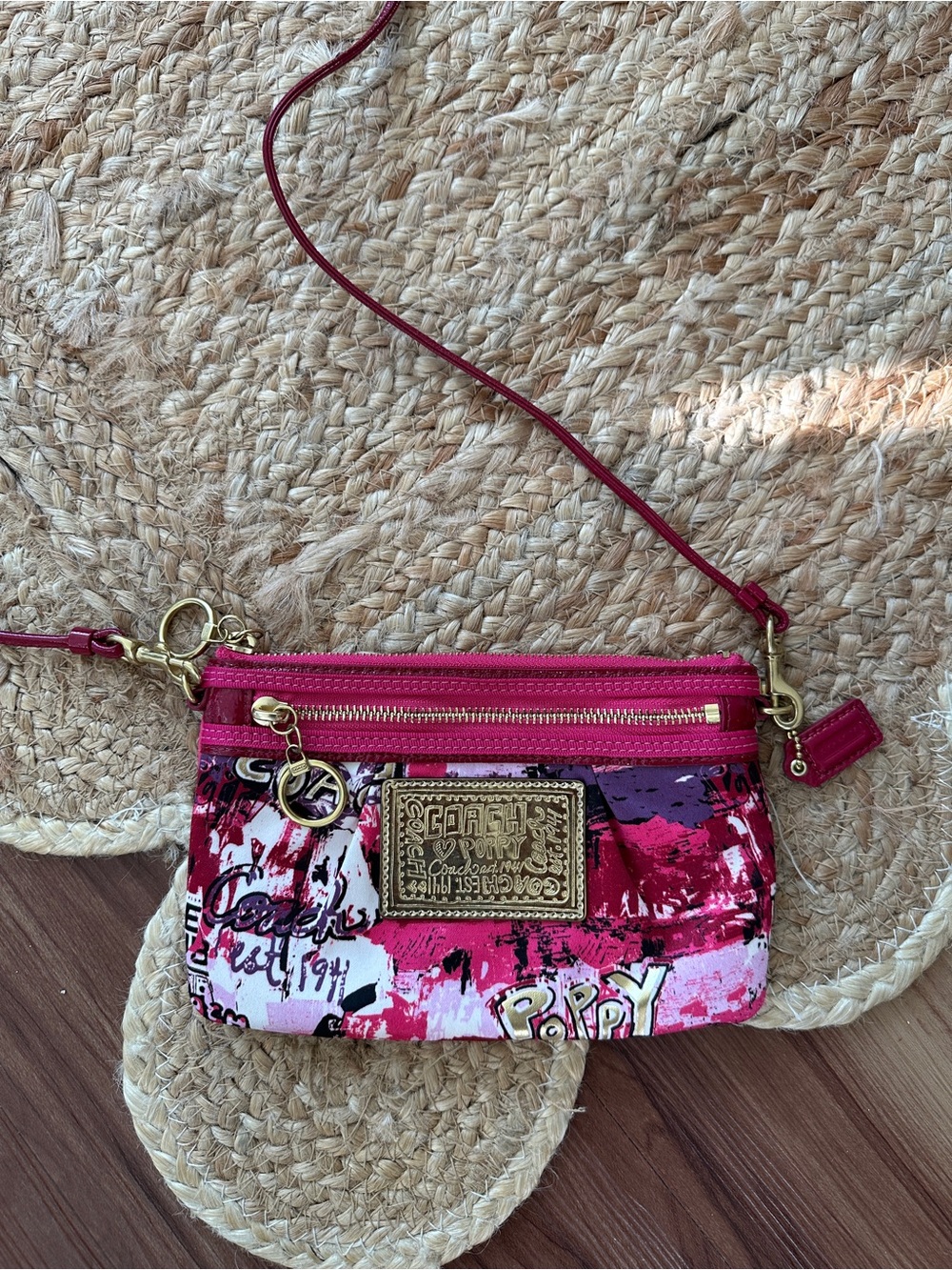 ⁠COACH Poppy Graffiti Pintuck Crossbody Mini Bag Pink Magenta Metallic Patch Y2K